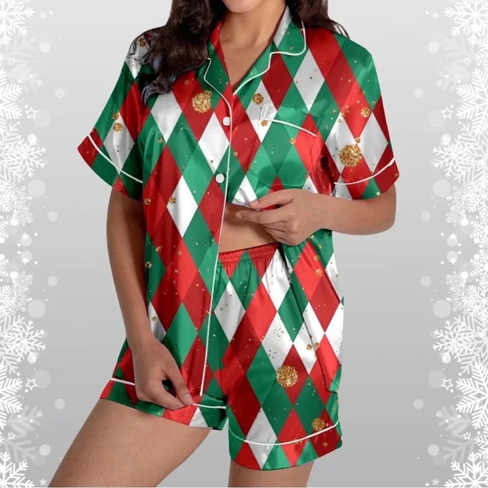 NEW NIP Satiny Diamond Pattern Matching Pajama Shorts Set Size Small Gold